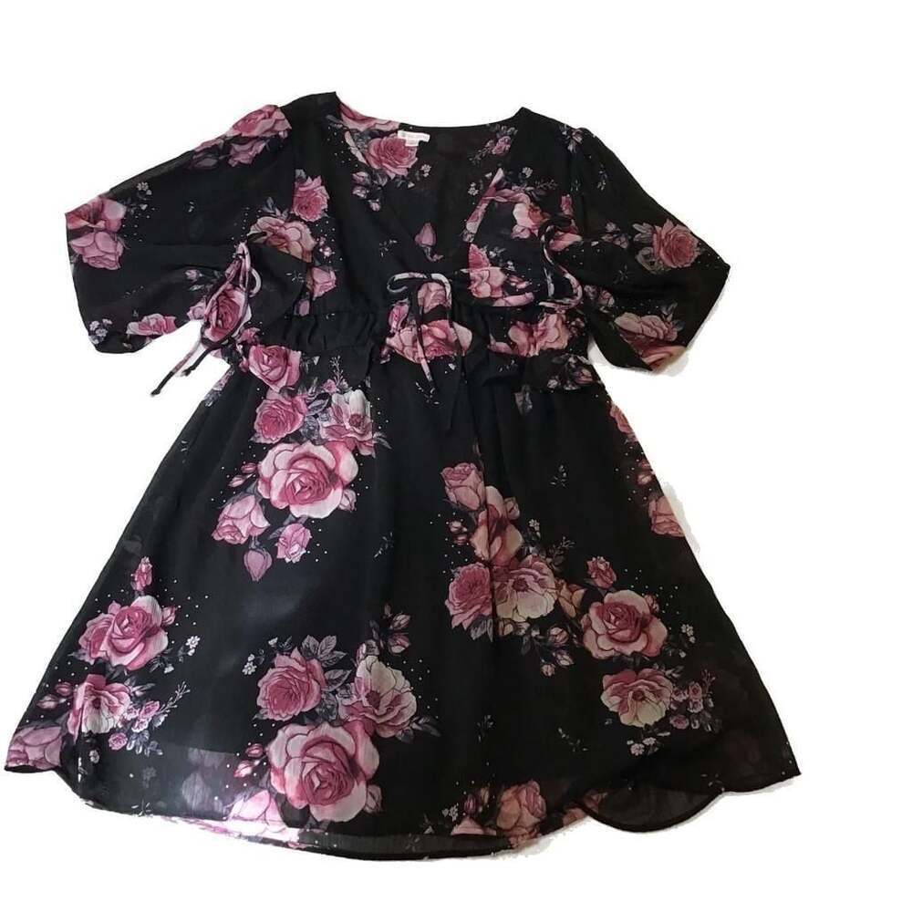 Xhilaration Black Floral Tie-Front Mini Dress Women’s Large Romantic chic boho